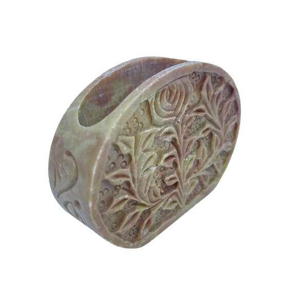 Hand Carved Soapstone Desk Accessory Holder With Floral Design - Picture 3 of 11